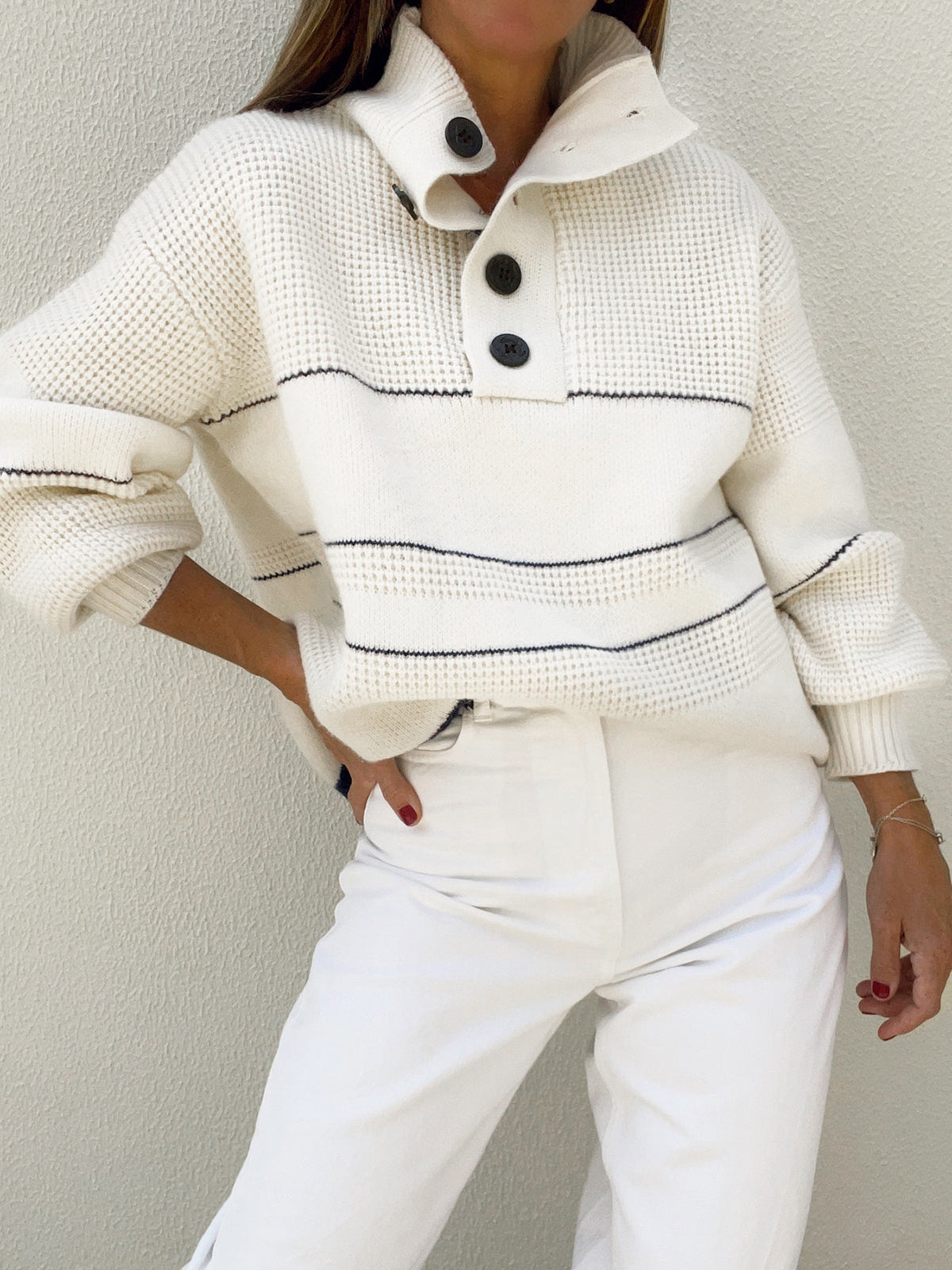 Amelia High Collar Striped Sweater | Buttoned Sweater