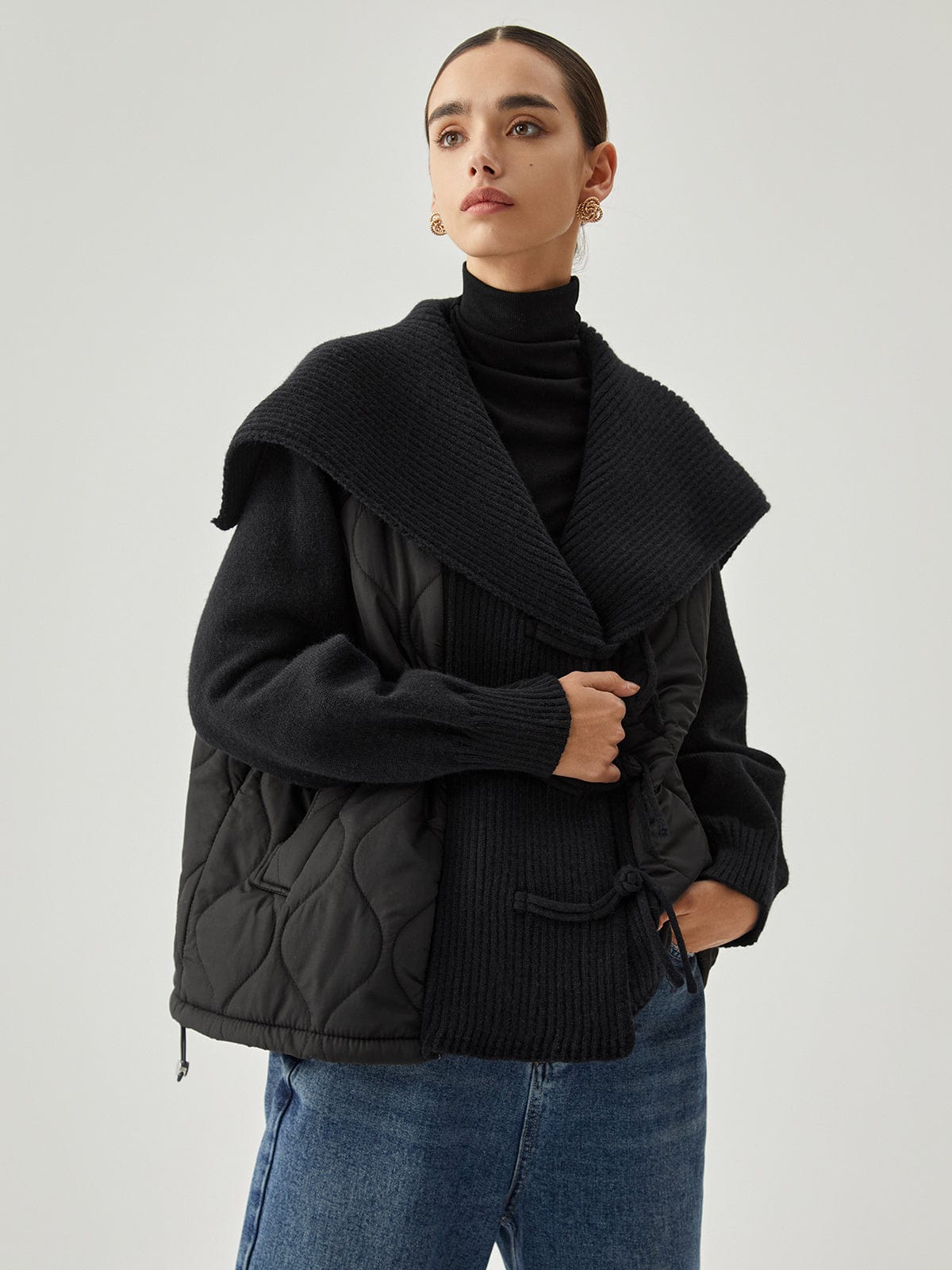 Flora quilted jacket | Rib-knit jacket with bow closure at the front