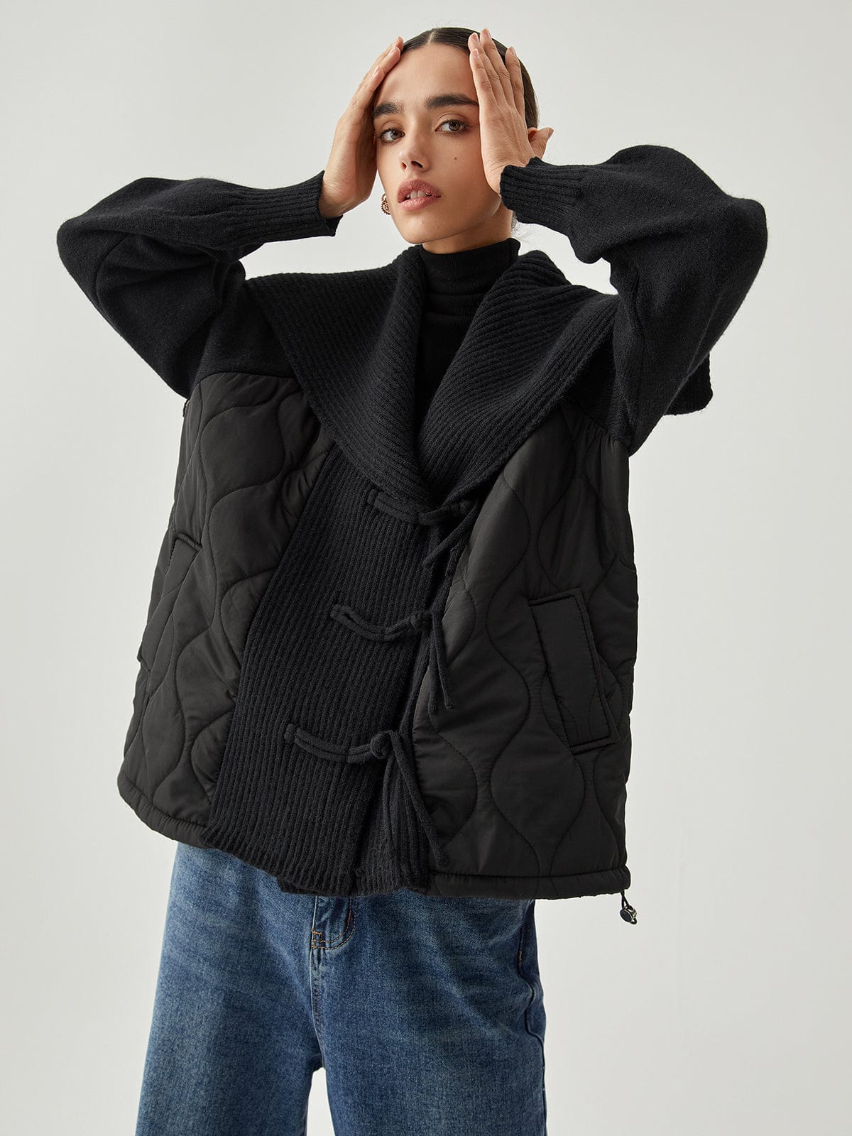 Flora quilted jacket | Rib-knit jacket with bow closure at the front