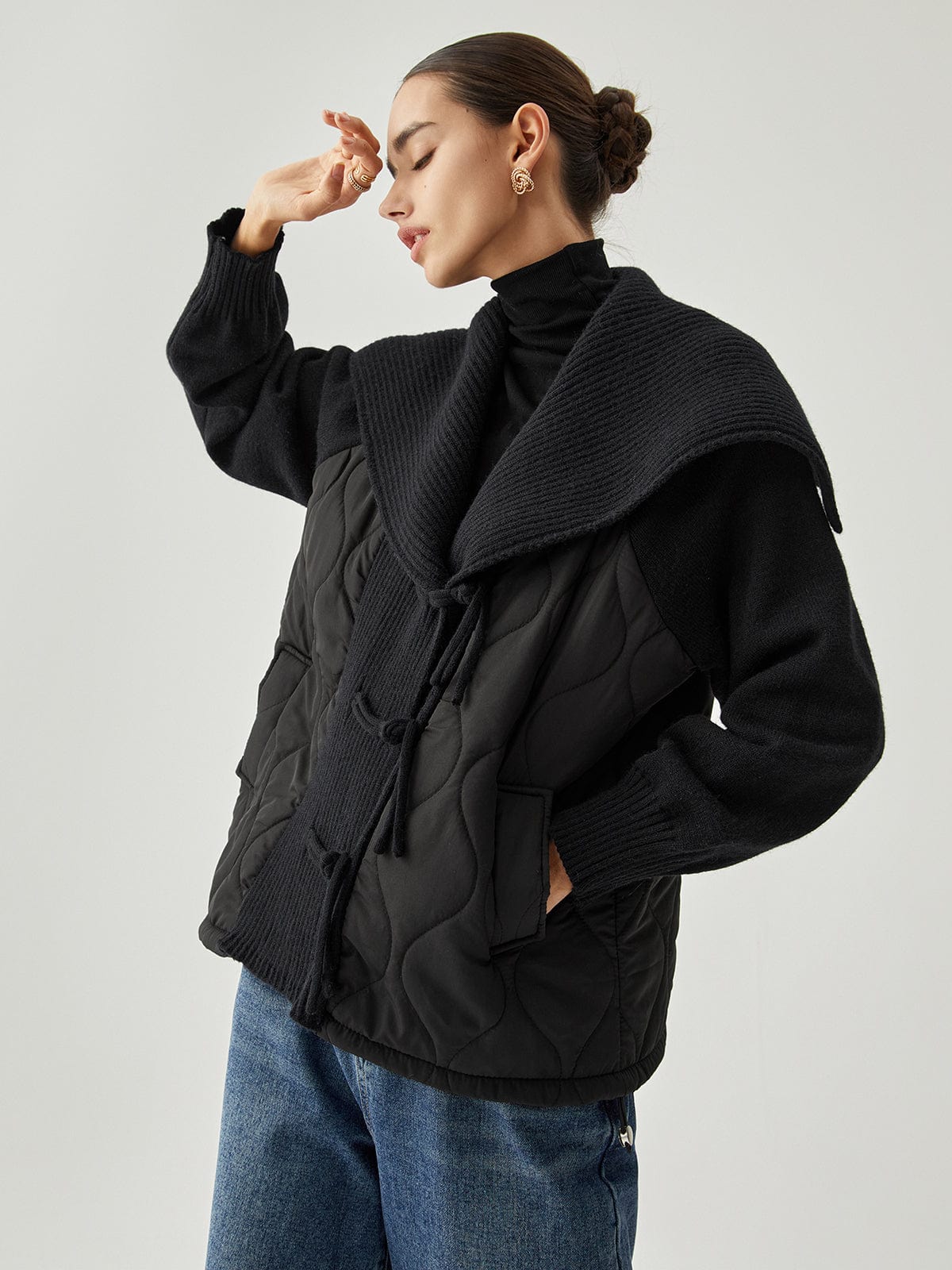 Flora quilted jacket | Rib-knit jacket with bow closure at the front