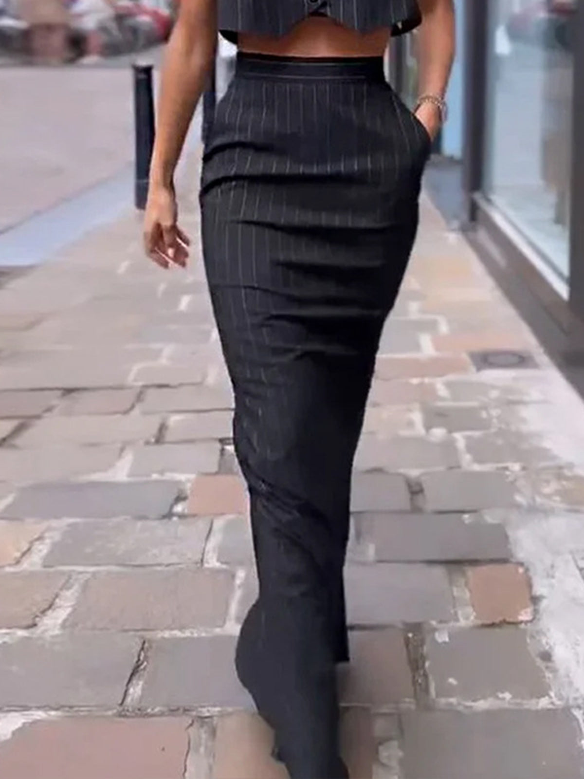 Gestreepte Knop Crop Twee-delige Rok Set