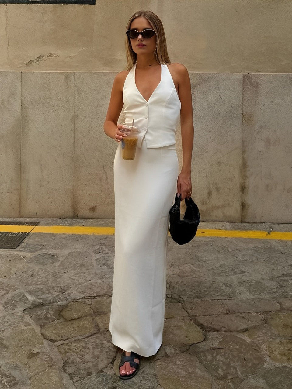 Effen V-Hals Open Rug Strik Halter & Split Maxi Rok Set