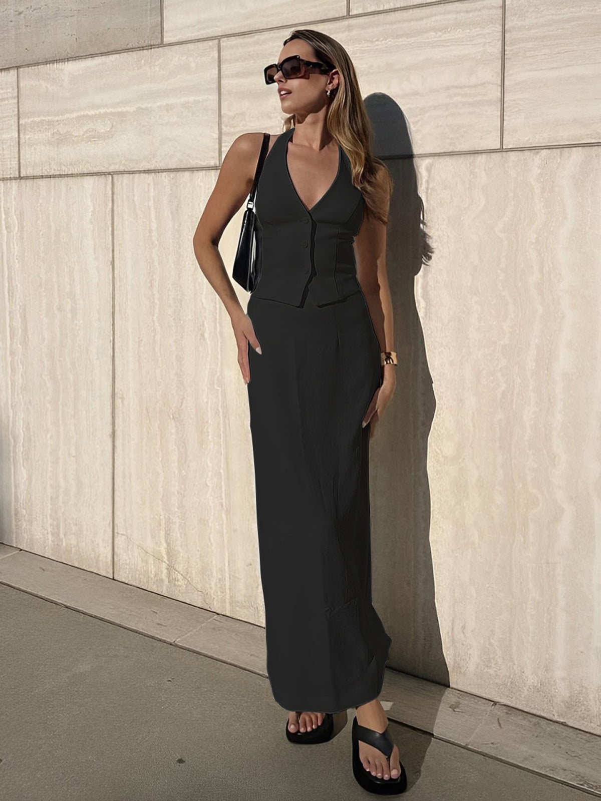 Effen V-Hals Open Rug Strik Halter & Split Maxi Rok Set