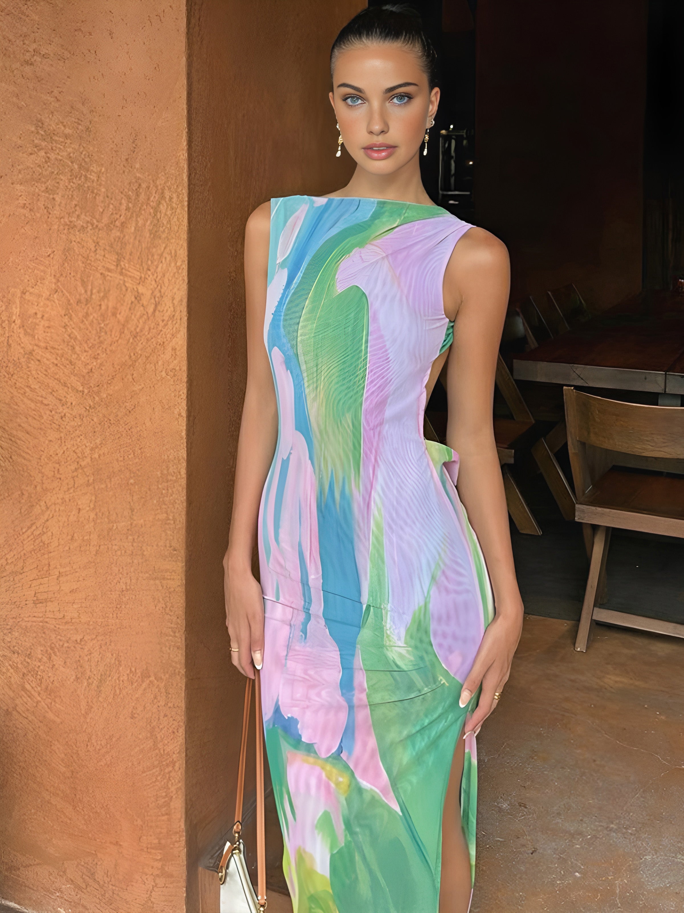 Mouwloze maxi-jurk met Monet-tuinprint voor dames