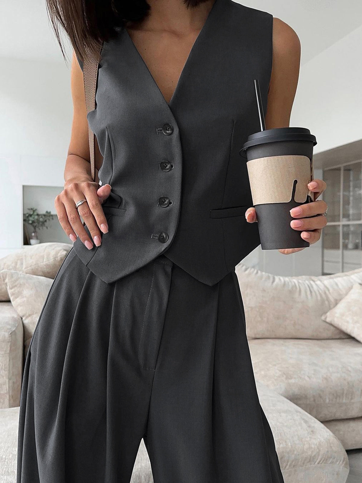 Effen V-Hals Gilet met Wijde Pijpen Set