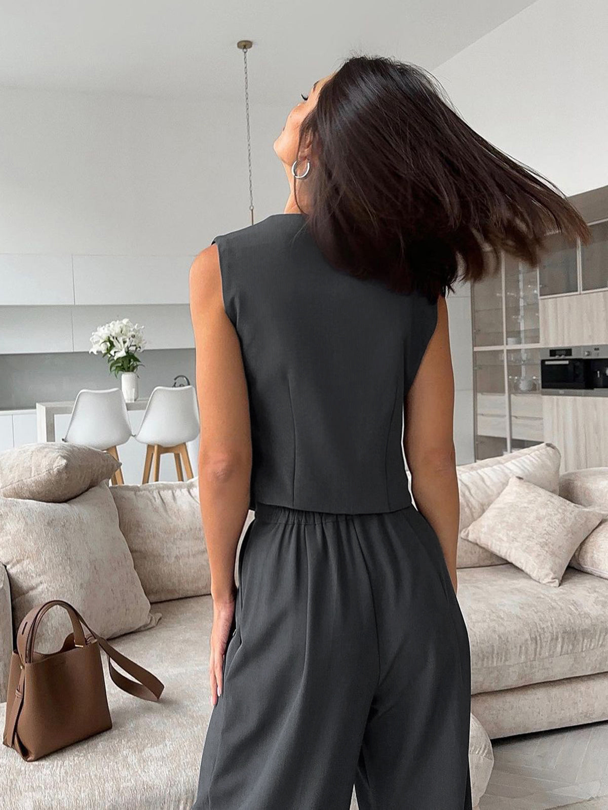 Effen V-Hals Gilet met Wijde Pijpen Set