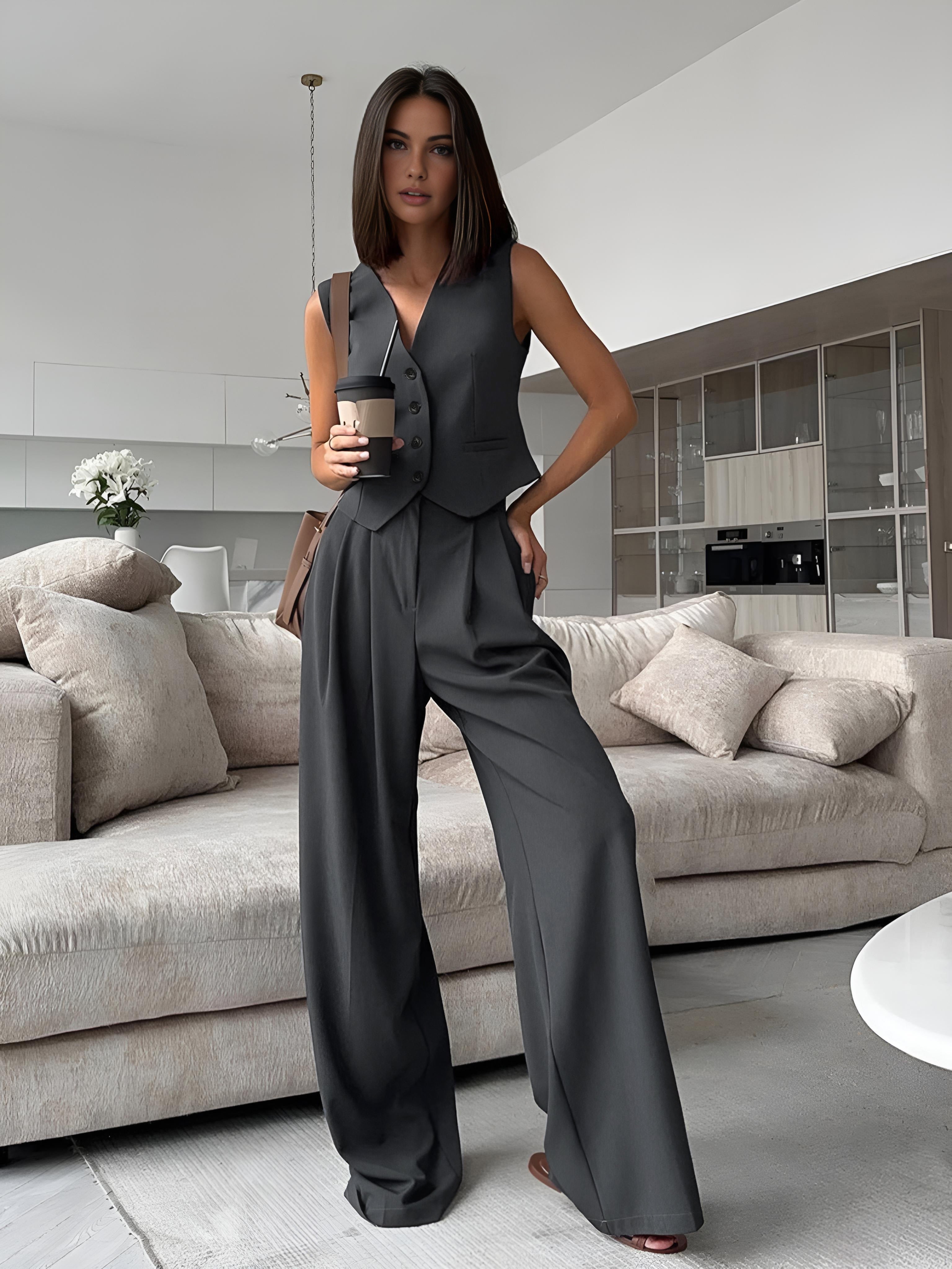 Effen V-Hals Gilet met Wijde Pijpen Set