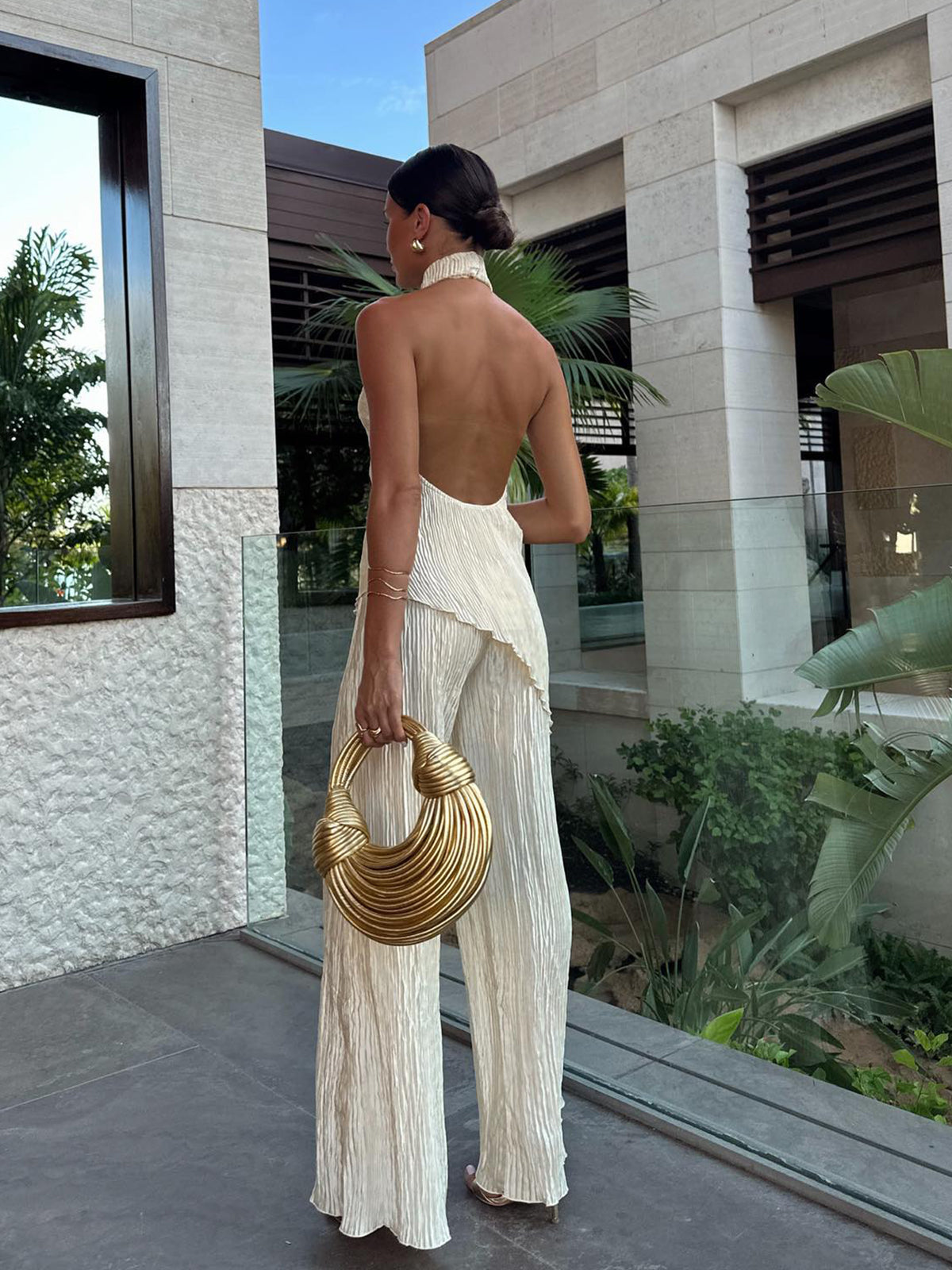 Asymmetrische Halter Crop Top met Wijde Pijpen Set