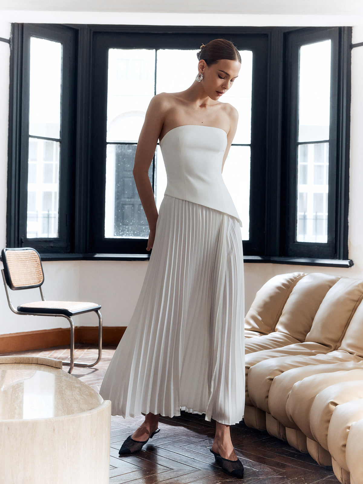 Elegante strapless midi-jurk met plooien voor dames