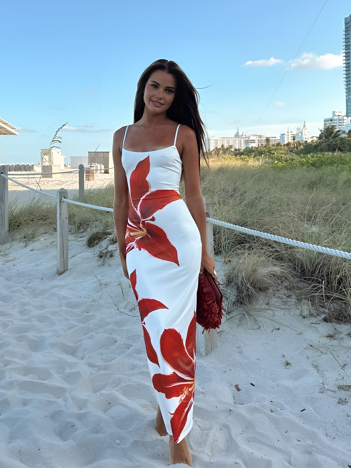 Floral Print Mouwloze Split Lange Jurk