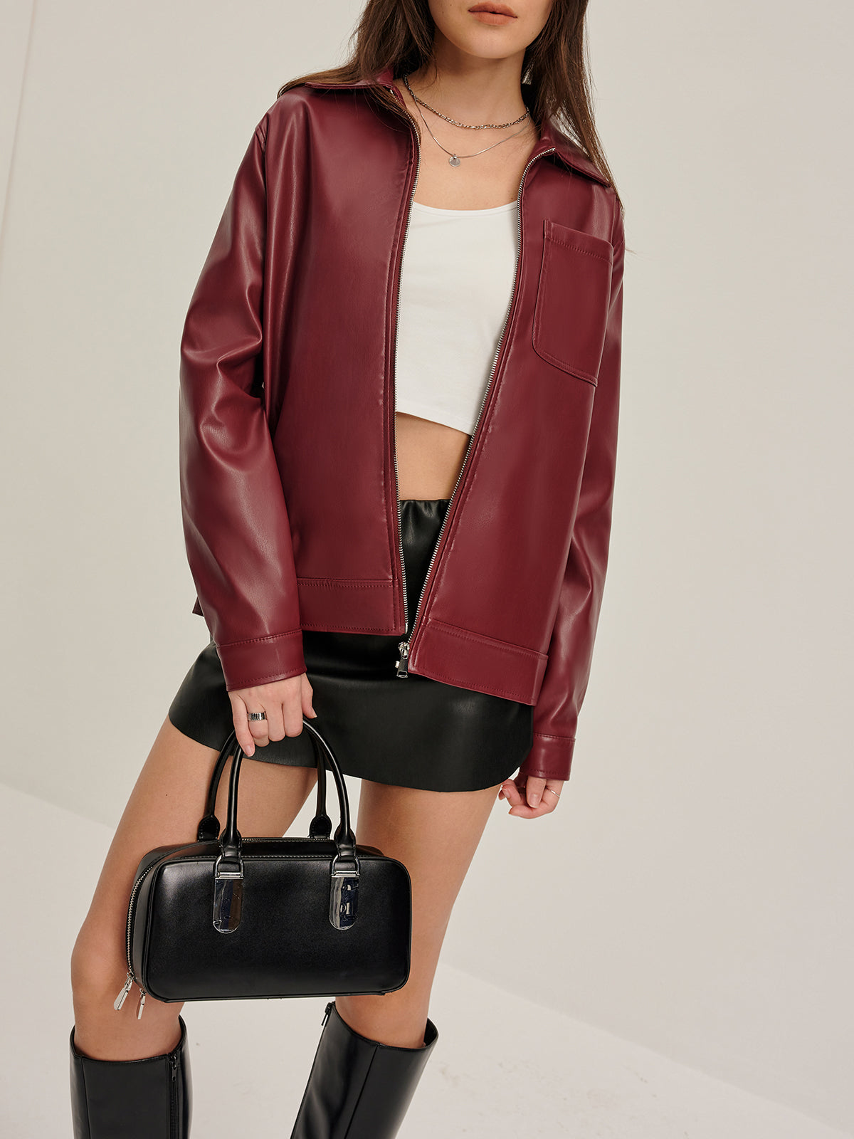 Ivy leather collar-jacket | Plain zip-closure, hip-length jacket