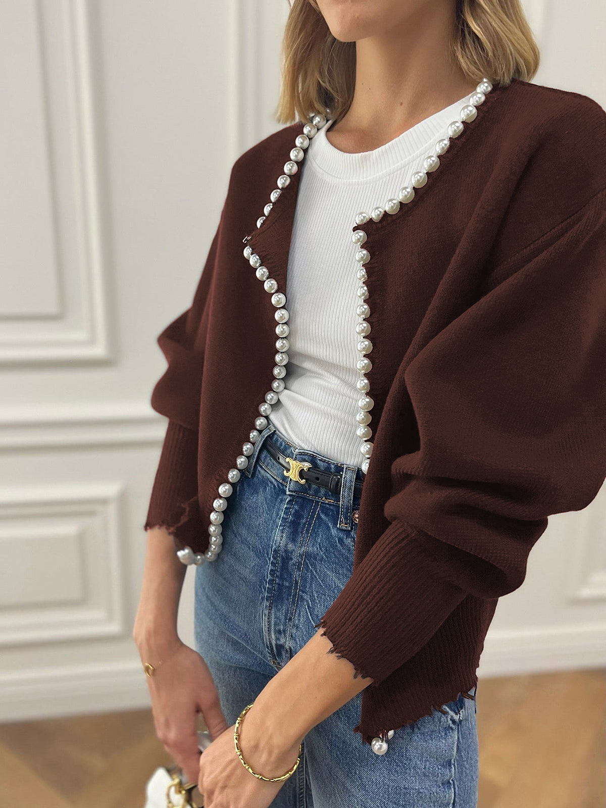Cardigan met Pareldetails en Ripped Zoom