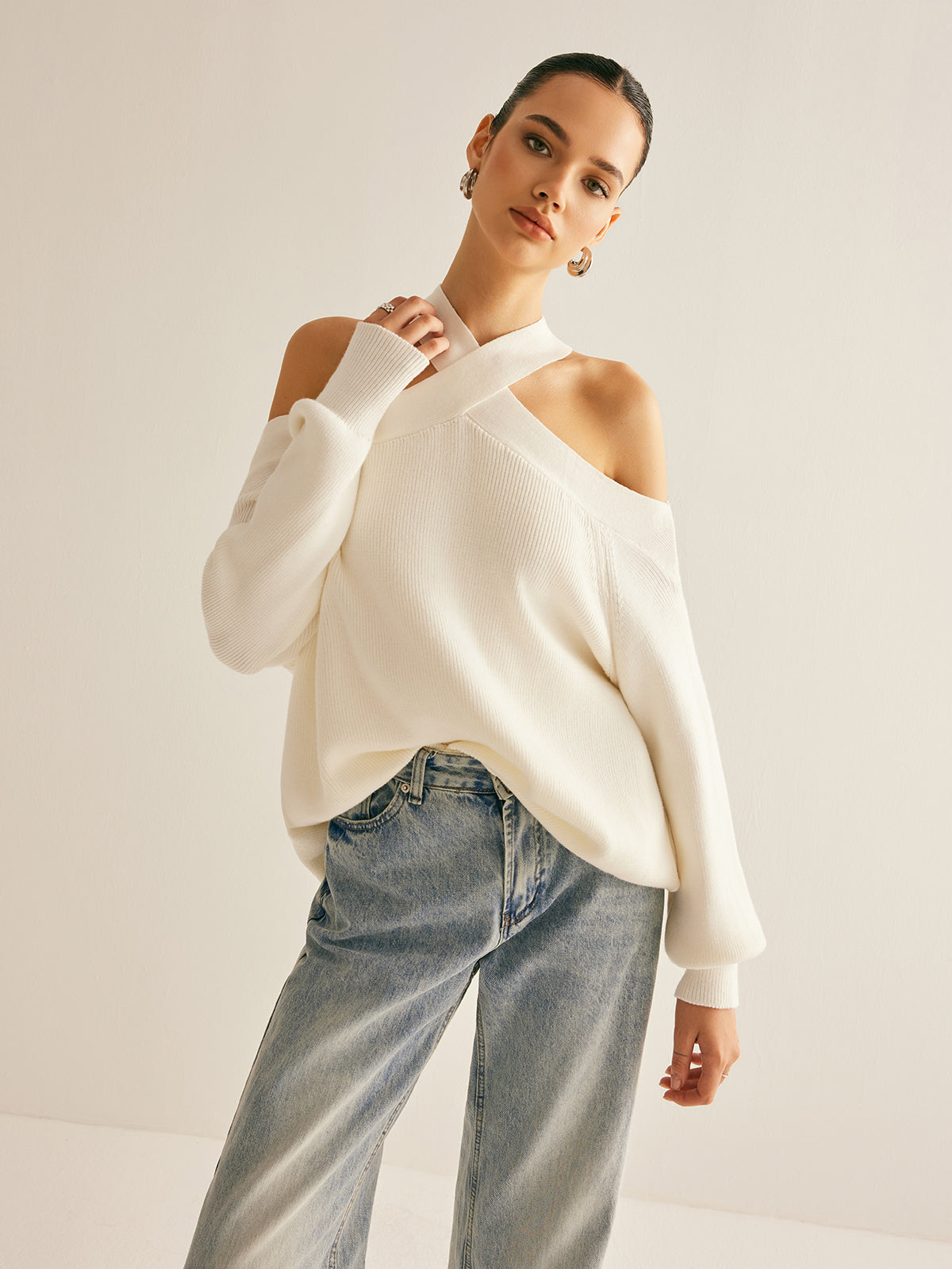 Amelia Cross Back Off-Shoulder Sweater | Knitted Loose Sweater