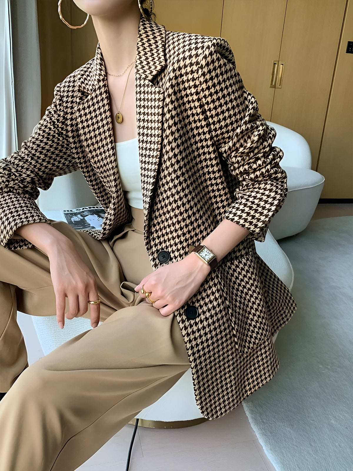 Houndstooth Blazer met Split en Riem