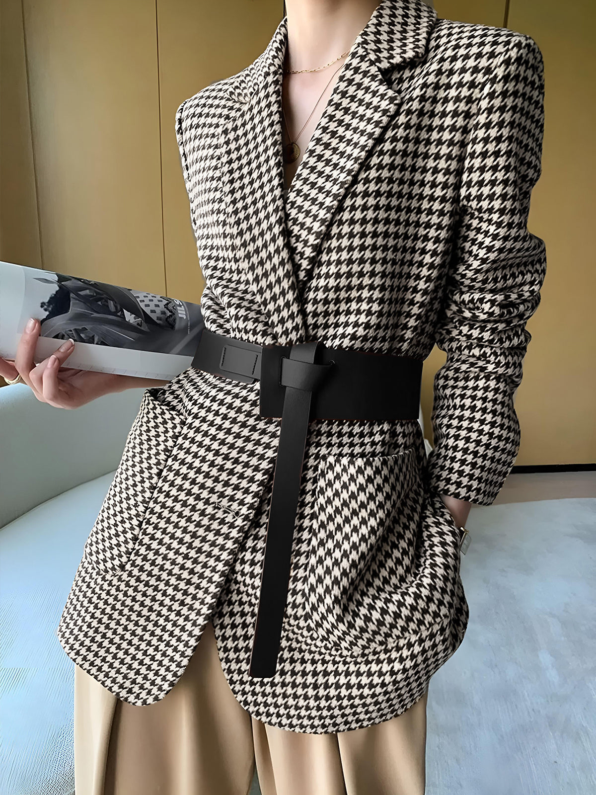 Houndstooth Blazer met Split en Riem