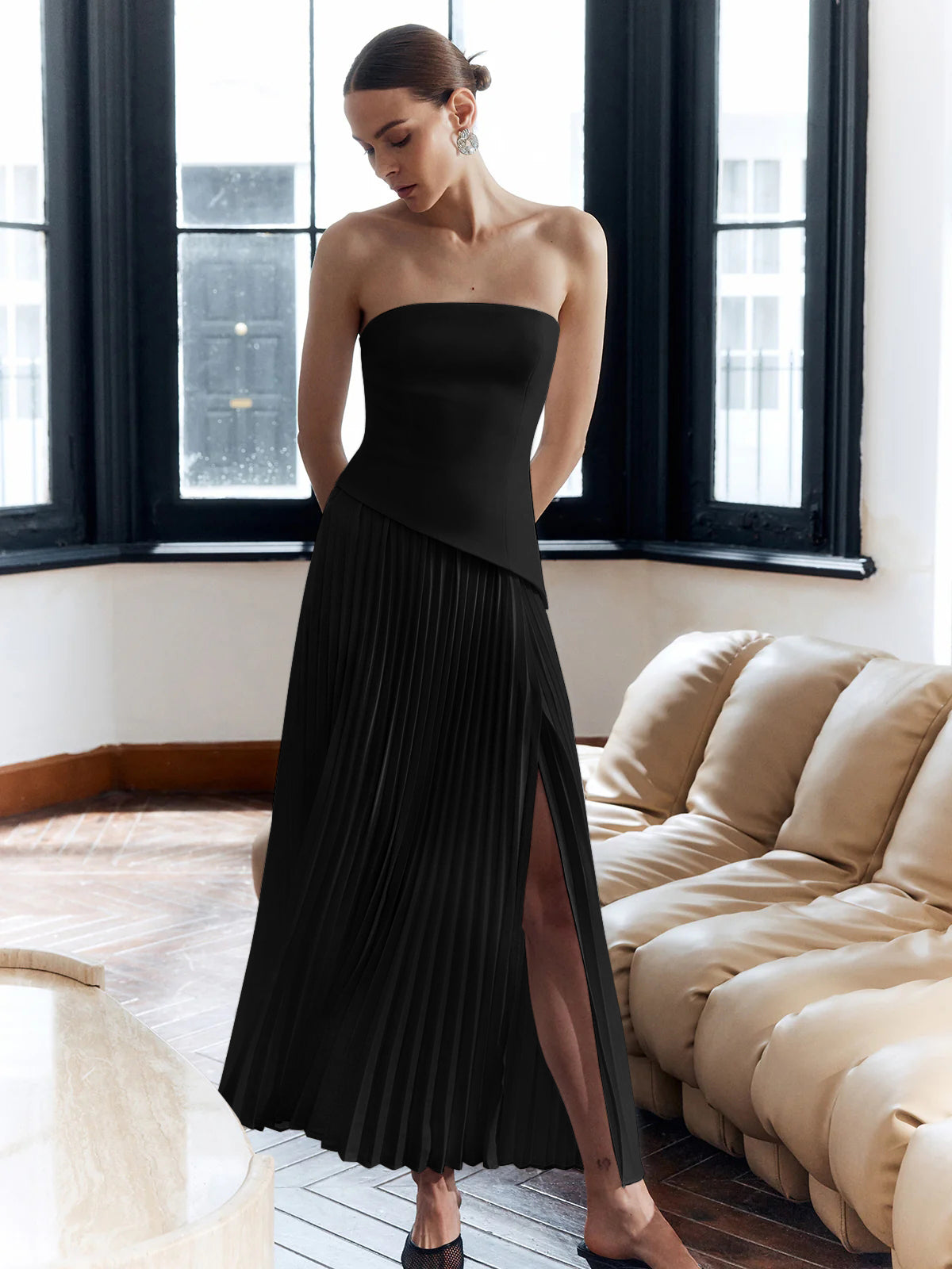 Elegante strapless midi-jurk met plooien voor dames