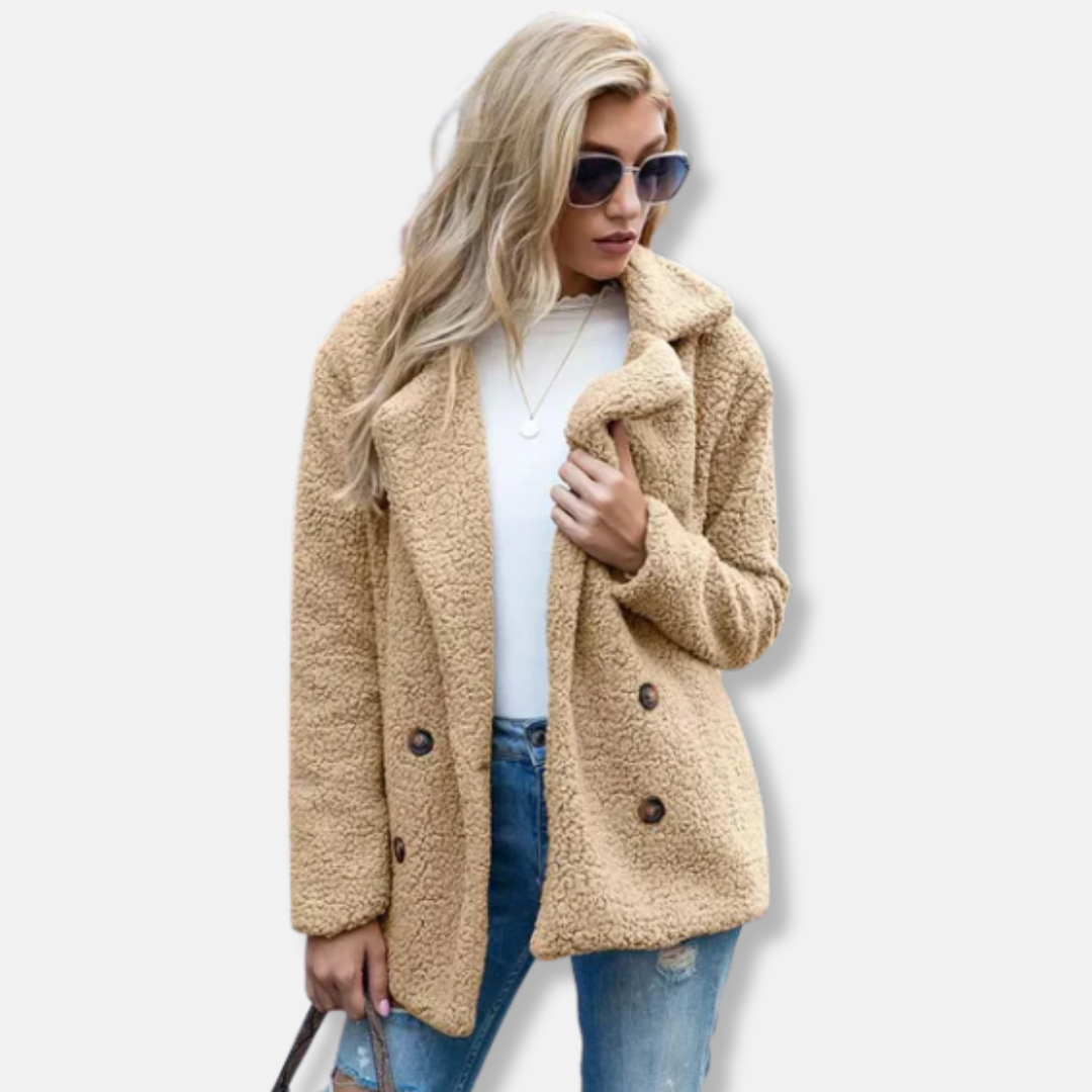 Ladies Coat – Double-Breasted – Relaxed Fit – Soft Texture – Hip Length – Notched Lapel