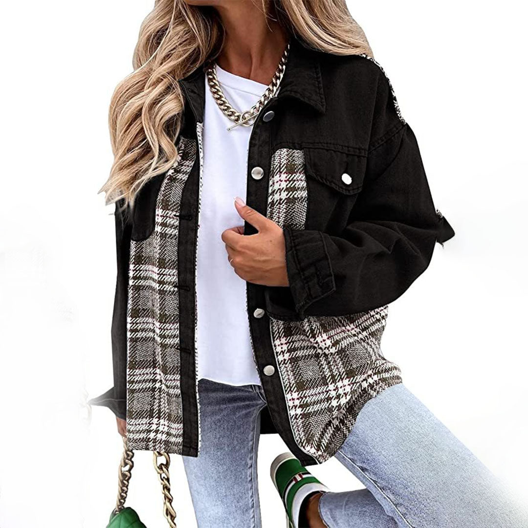 Dames Casual Jack – Relaxte pasvorm – Ademend Katoenmix – Geruit Patchwork – Knoopsluiting