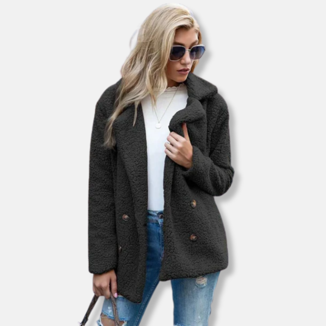Ladies Coat – Double-Breasted – Relaxed Fit – Soft Texture – Hip Length – Notched Lapel