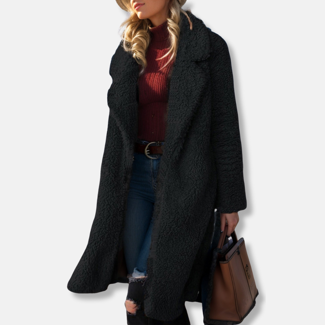 Women's overcoat – Relaxed fit – Soft texture – Open front – Mid length