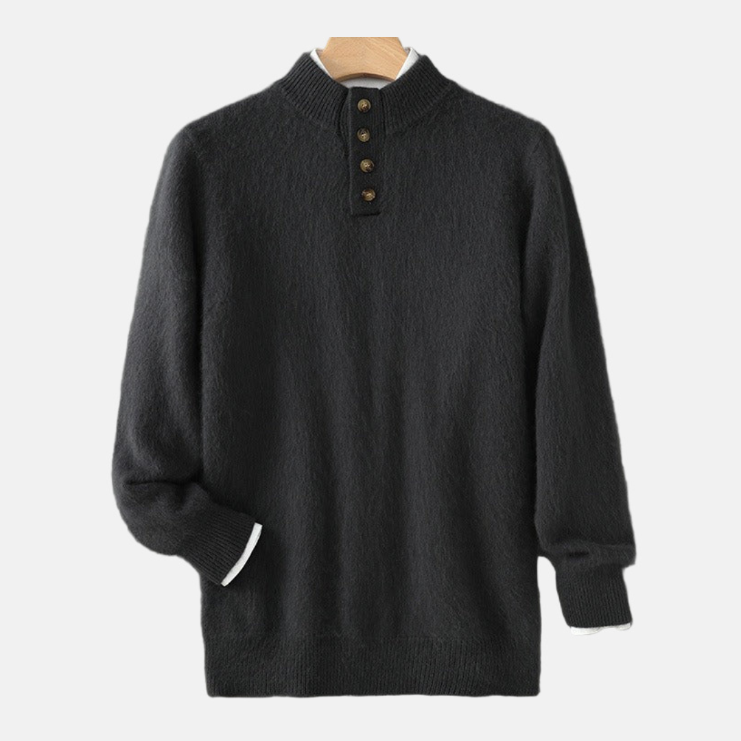 Men's Sweater - Fine Knit - Regular Fit - Stand-up Collar With Buttons