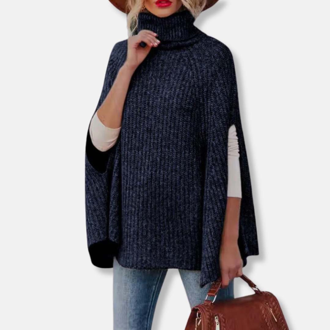 Ladies Cape Sweater – Loose Fit – High Collar – Ribbed Texture – Wool Mix