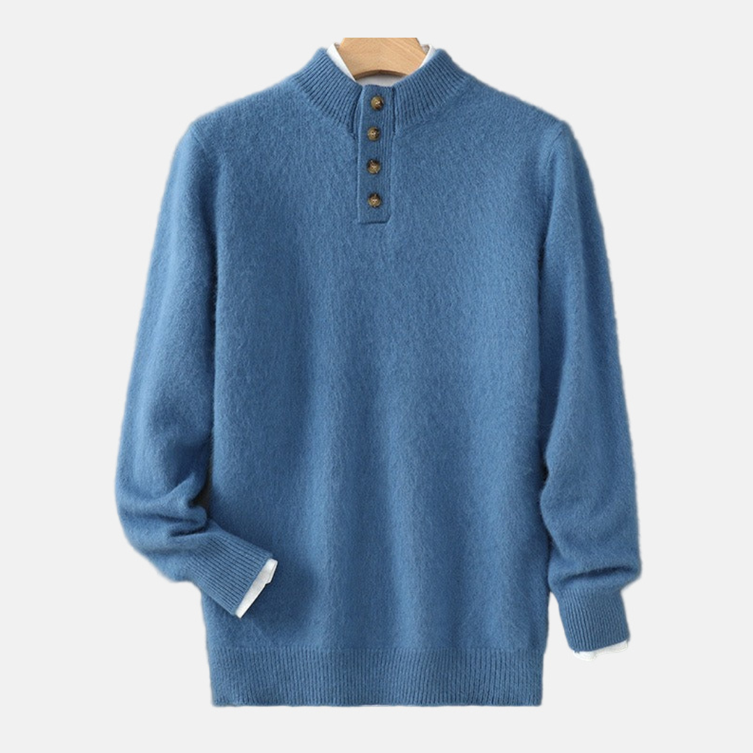 Men's Sweater - Fine Knit - Regular Fit - Stand-up Collar With Buttons