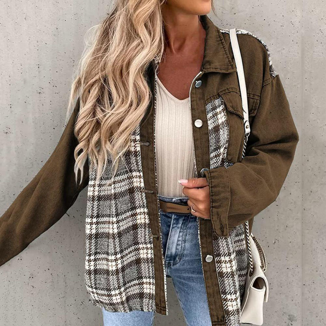 Dames Casual Jack – Relaxte pasvorm – Ademend Katoenmix – Geruit Patchwork – Knoopsluiting