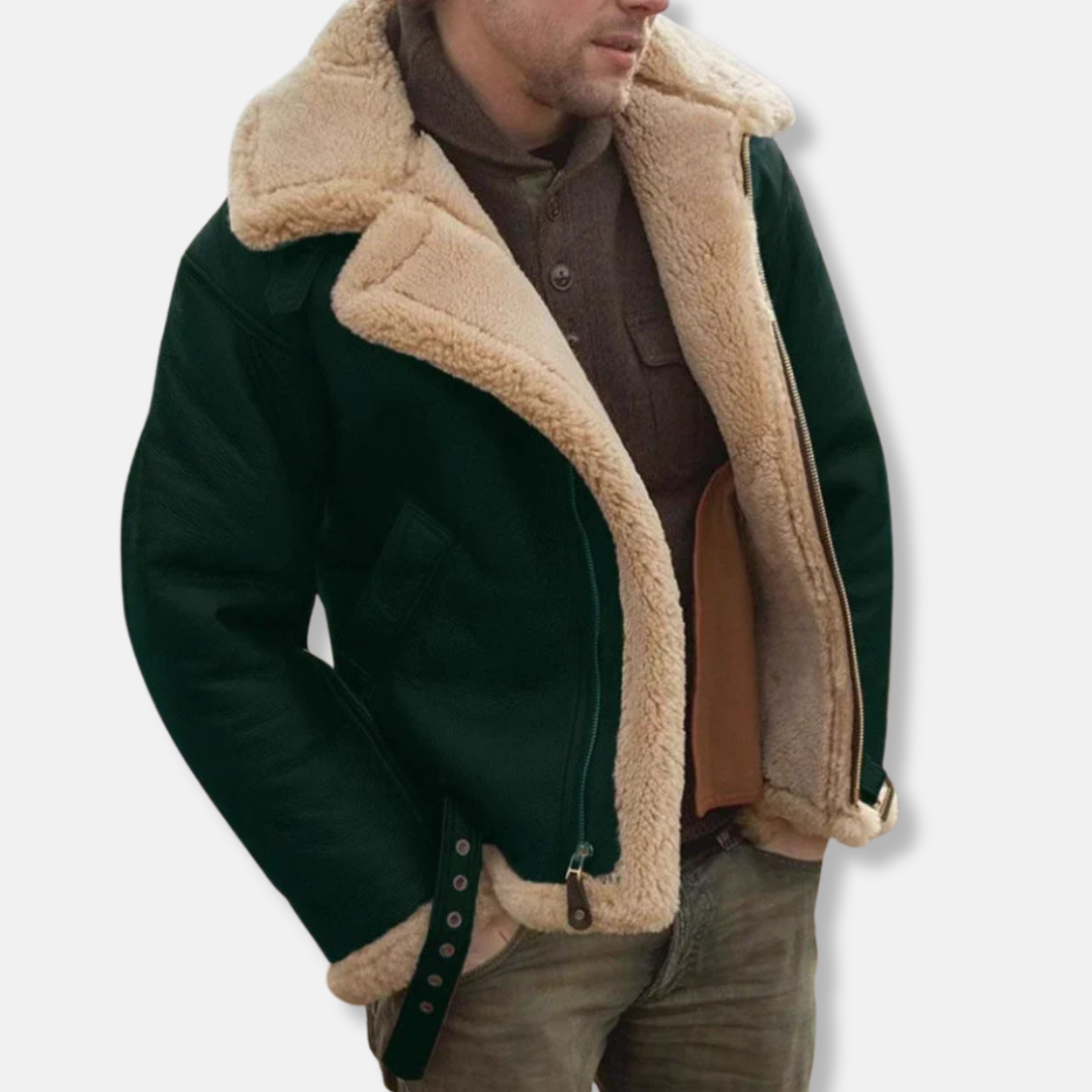 Men's Aviator Jacket – Leather Look – Shearling Collar and Cuffs – Adjustable Buckles – Zip Closure