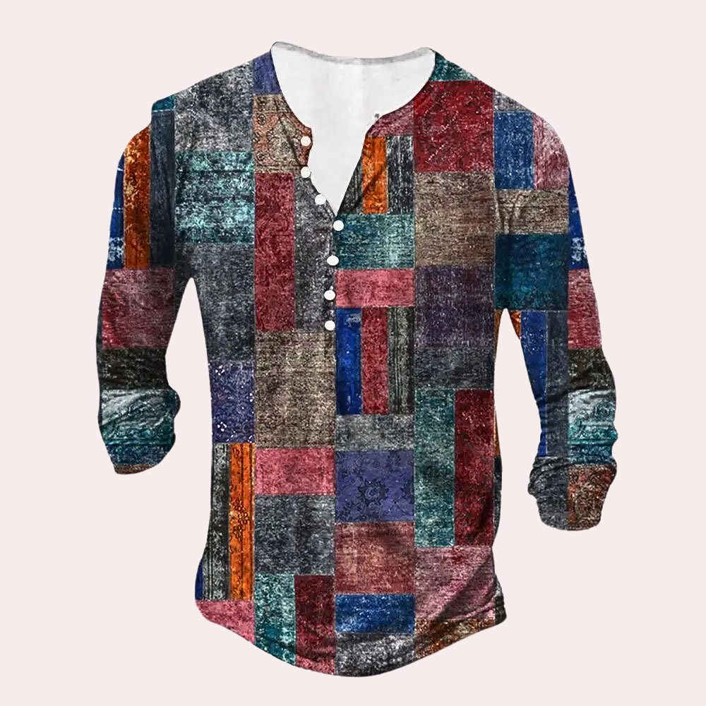 Heren Trui – Reguliere Pasvorm – Katoenmix – Patchwork – Knoopsluiting – Casualstijl