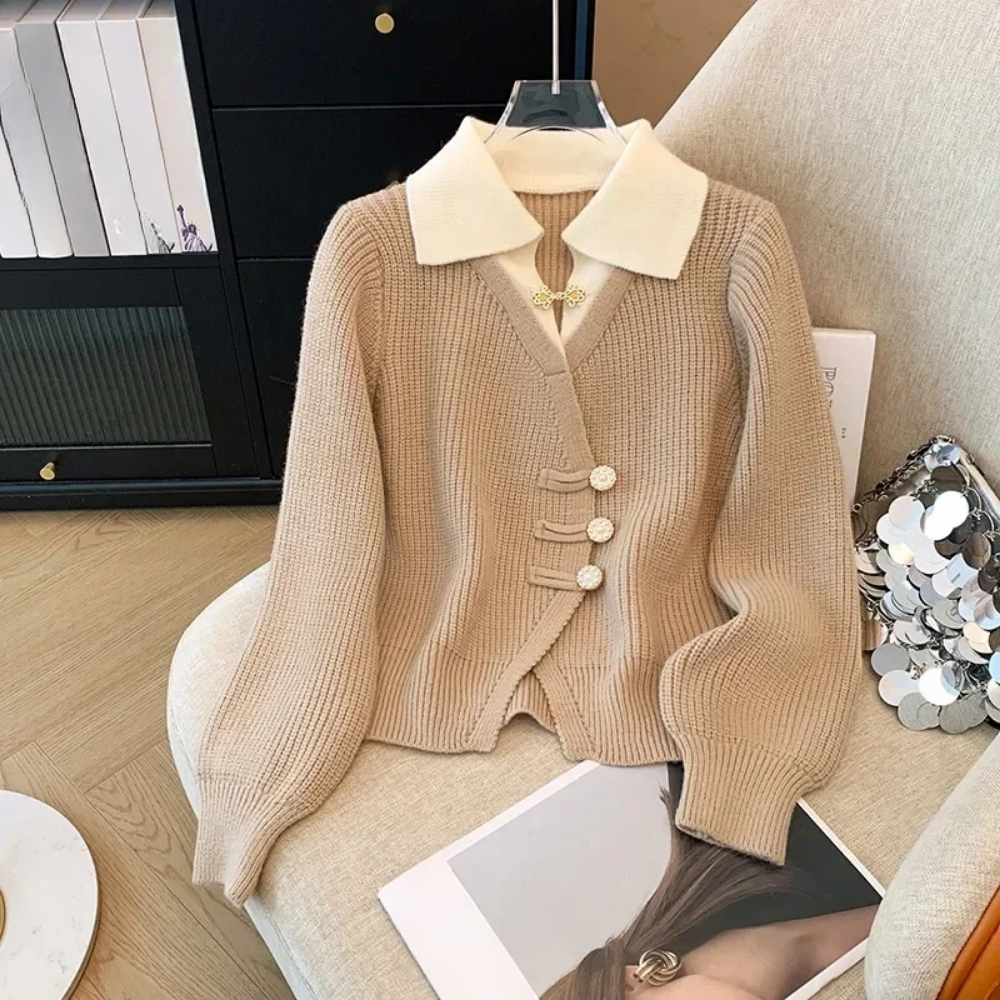 Dames Gebreid Vest – Wol Look – Relaxed Fit – Mock Blouse Design – Vintage Knopen