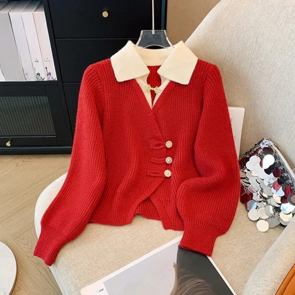 Dames Gebreid Vest – Wol Look – Relaxed Fit – Mock Blouse Design – Vintage Knopen