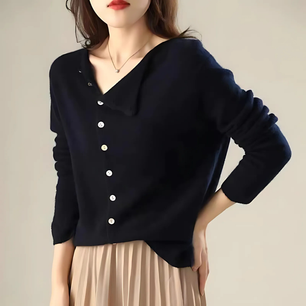 Dames Gebreid Vest – Relaxte Pasvorm – Asymmetrische Sluiting – Lange Mouwen Ribboorden