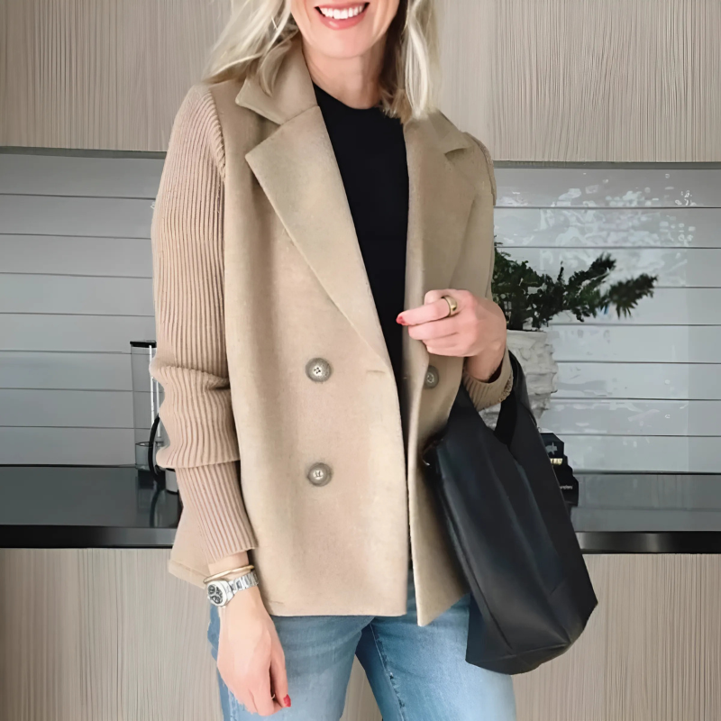 Dames Blazer – Wolmix – Getailleerde Pasvorm – Gebreide Pofmouwen – Dubbelrijig