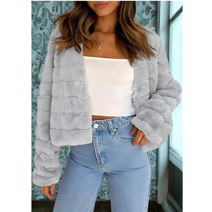Dames Cropped Jas – Imitatiebont – Relaxte Pasvorm – Open Hals – Lange Mouwen