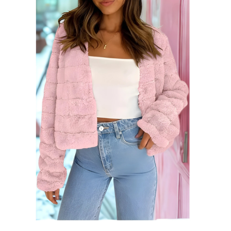 Dames Cropped Jas – Imitatiebont – Relaxte Pasvorm – Open Hals – Lange Mouwen