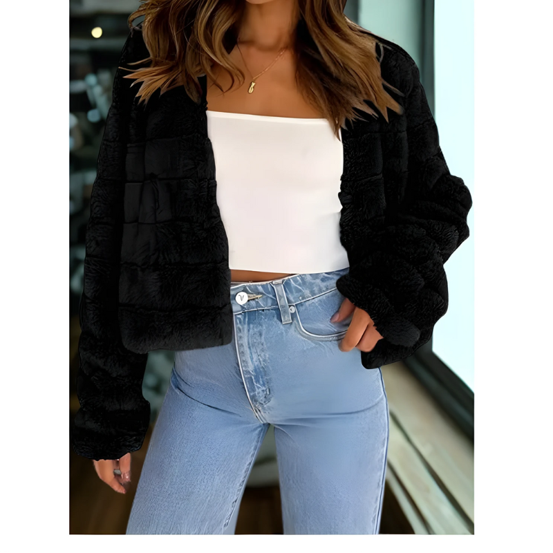 Dames Cropped Jas – Imitatiebont – Relaxte Pasvorm – Open Hals – Lange Mouwen