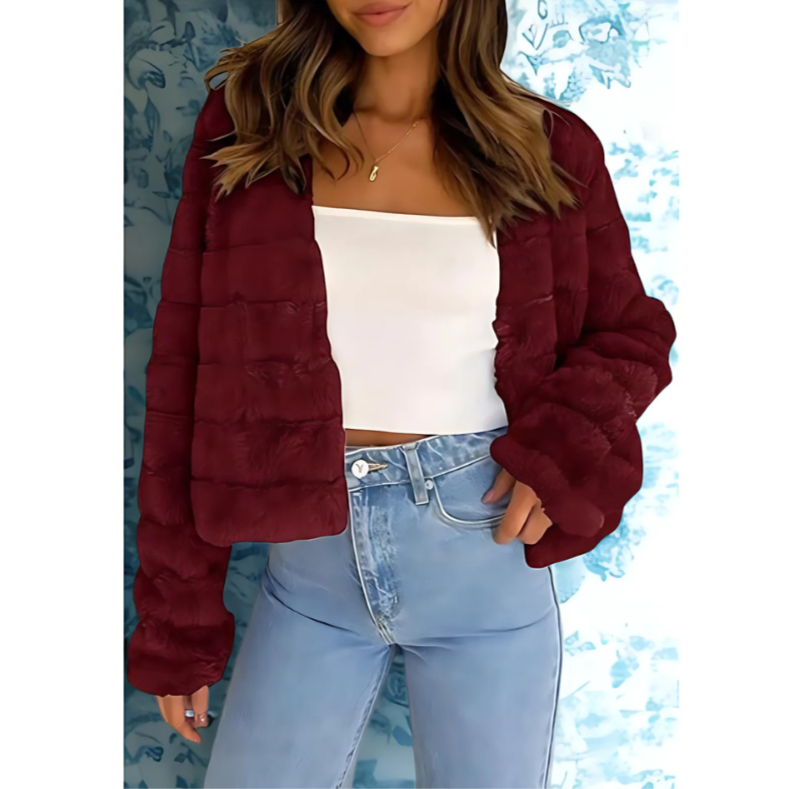 Dames Cropped Jas – Imitatiebont – Relaxte Pasvorm – Open Hals – Lange Mouwen