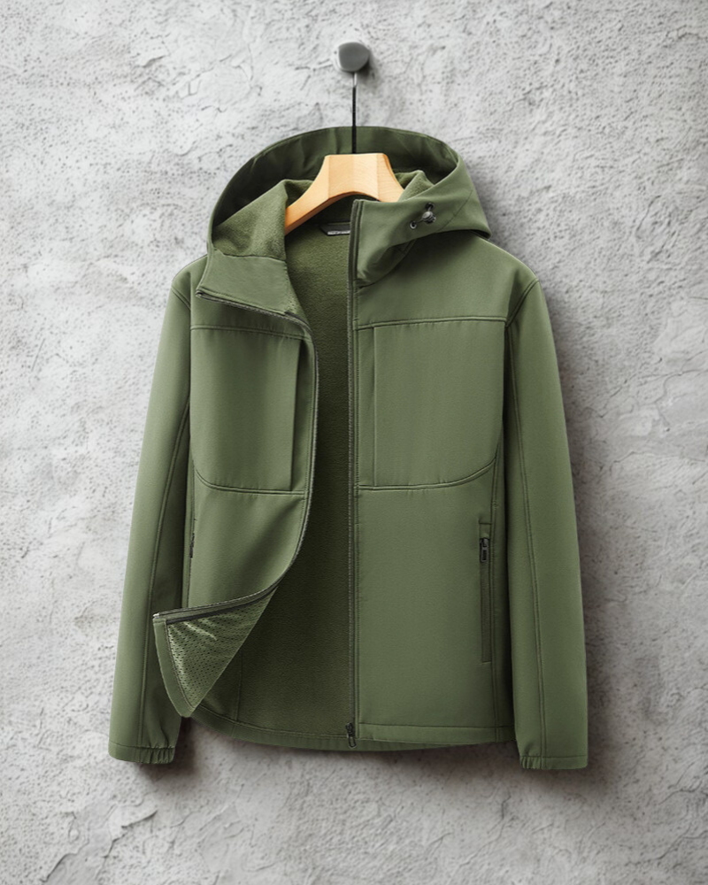 Heren softshell jas – regular fit – fleece gevoerd – verstelbare capuchon – zakken