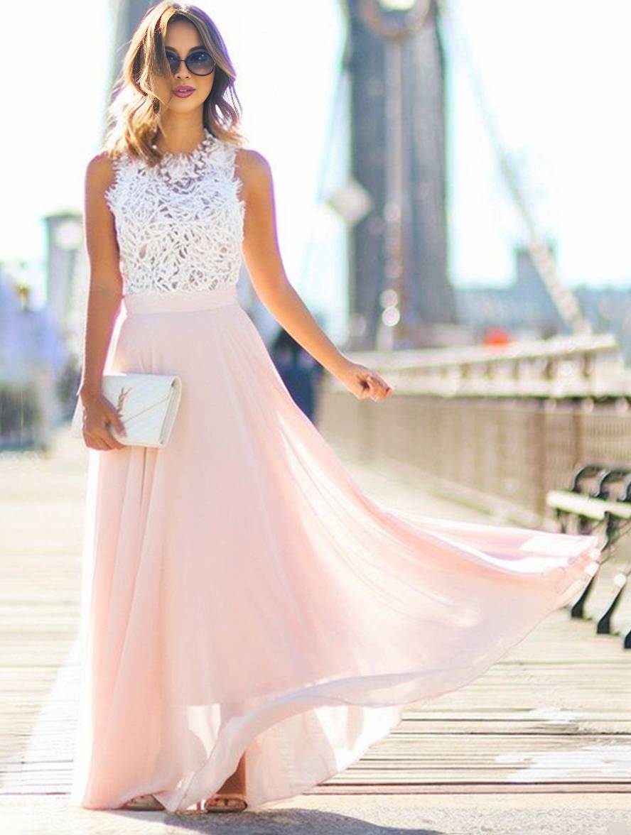 Stijlvolle Lace Chiffon Vloeiende Maxi Jurk met Ronde Hals