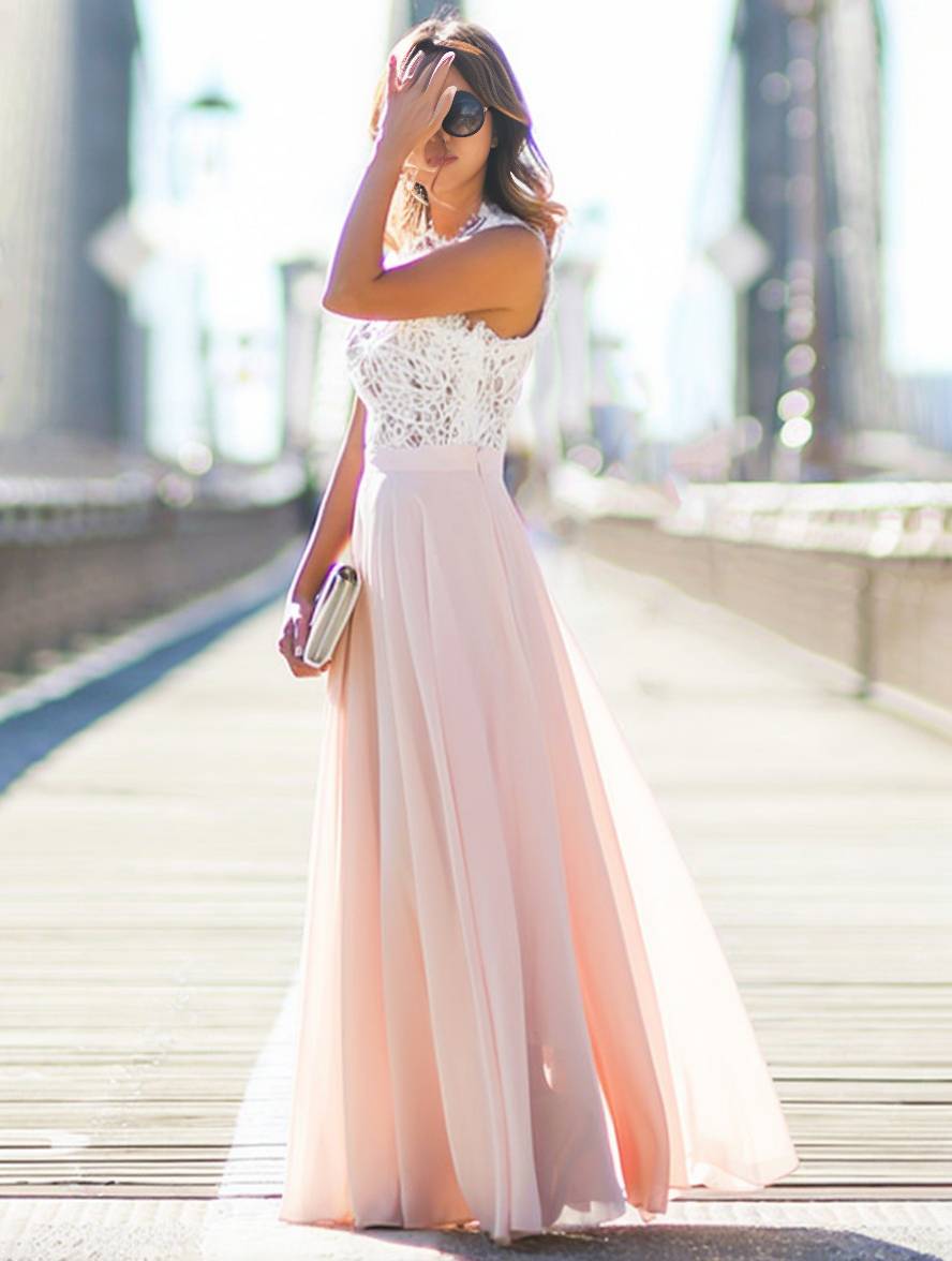 Stijlvolle Lace Chiffon Vloeiende Maxi Jurk met Ronde Hals