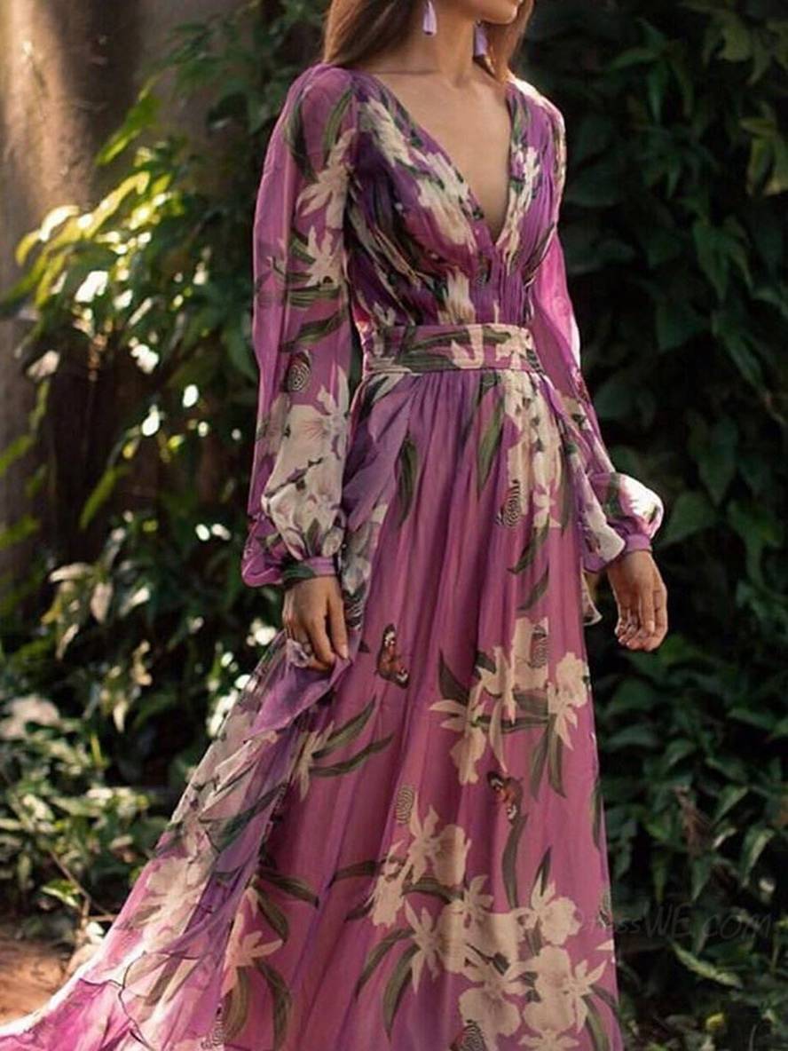 Dames Bloemenprint Vloeiende V-Hals Maxi Jurk met Lange Mouwen
