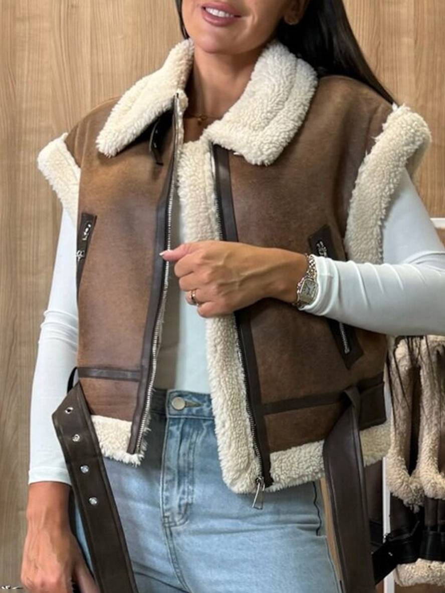 Dames Bodywarmer – Imitatiebont Afwerking – Getailleerd Model – Met Riemsluiting