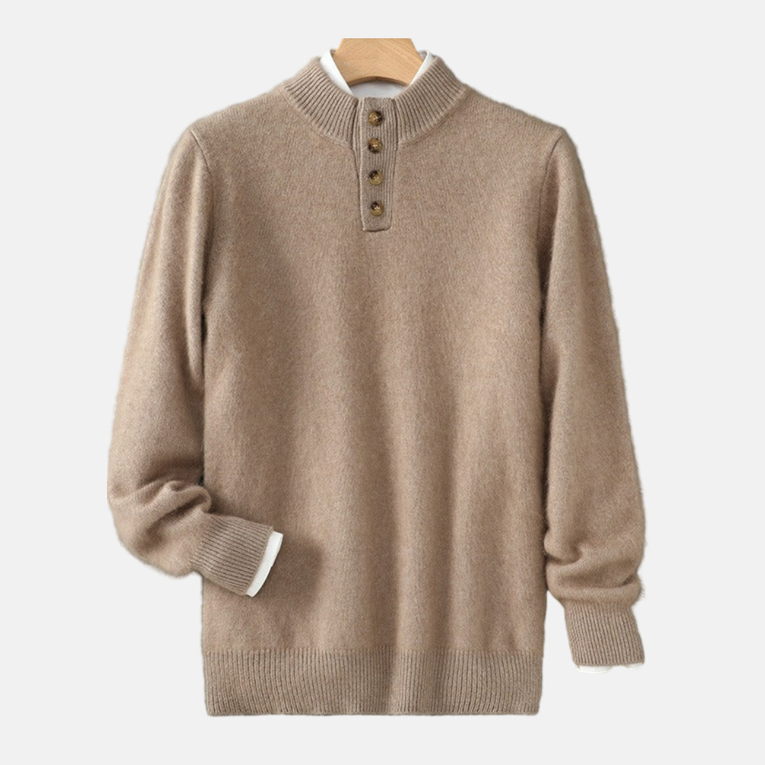 Men's Sweater - Fine Knit - Regular Fit - Stand-up Collar With Buttons
