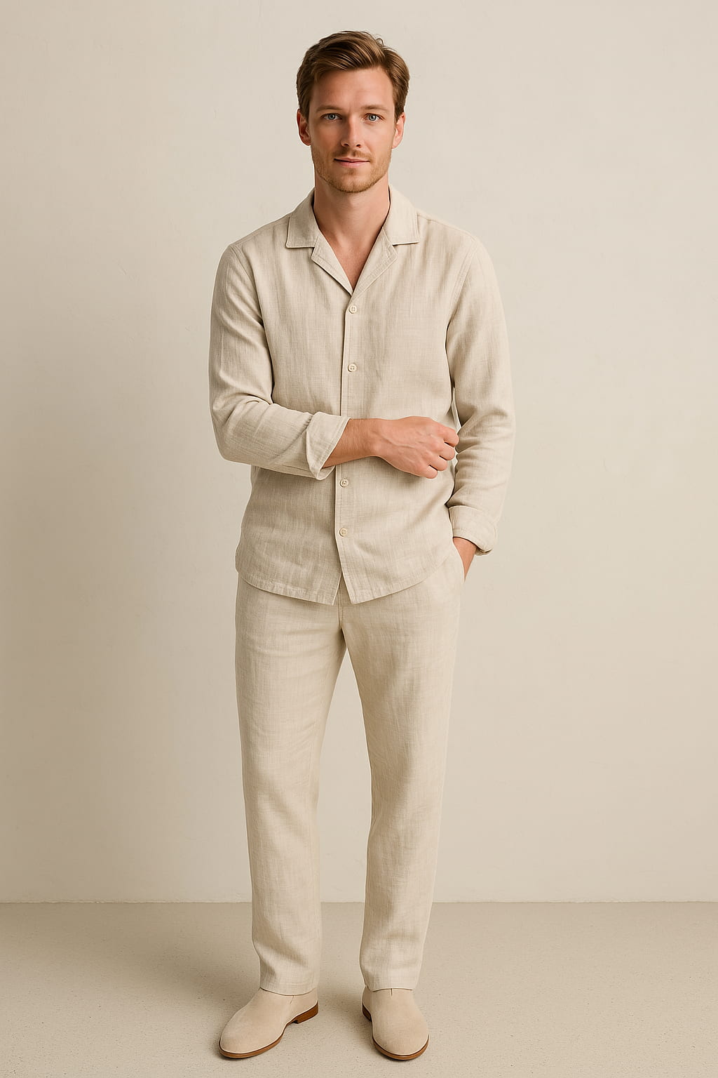 Stijlvolle Heren Linnen Shirt en Broek Set – Ademend, Relaxte Pasvorm