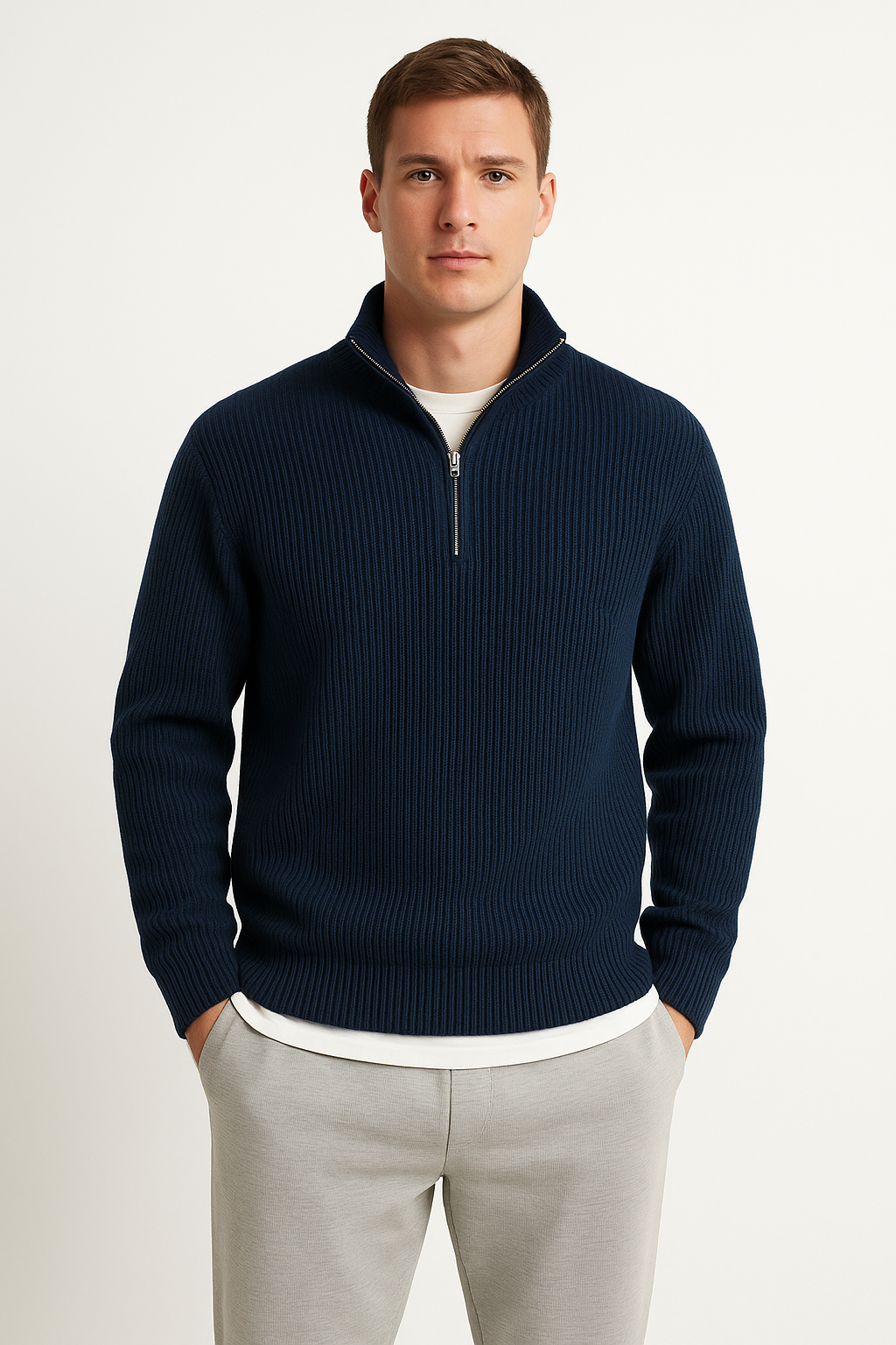 Men's sweater – Half zip – Relaxed Fit – Ribbed knit – Wool mix – Casual wearing comfort