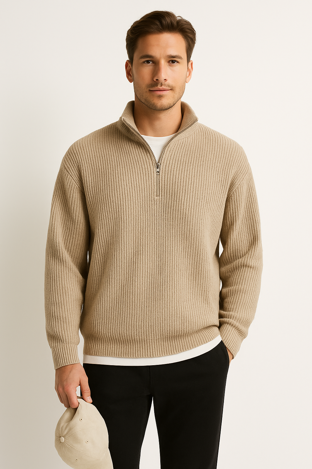 Men's sweater – Half zip – Relaxed Fit – Ribbed knit – Wool mix – Casual wearing comfort