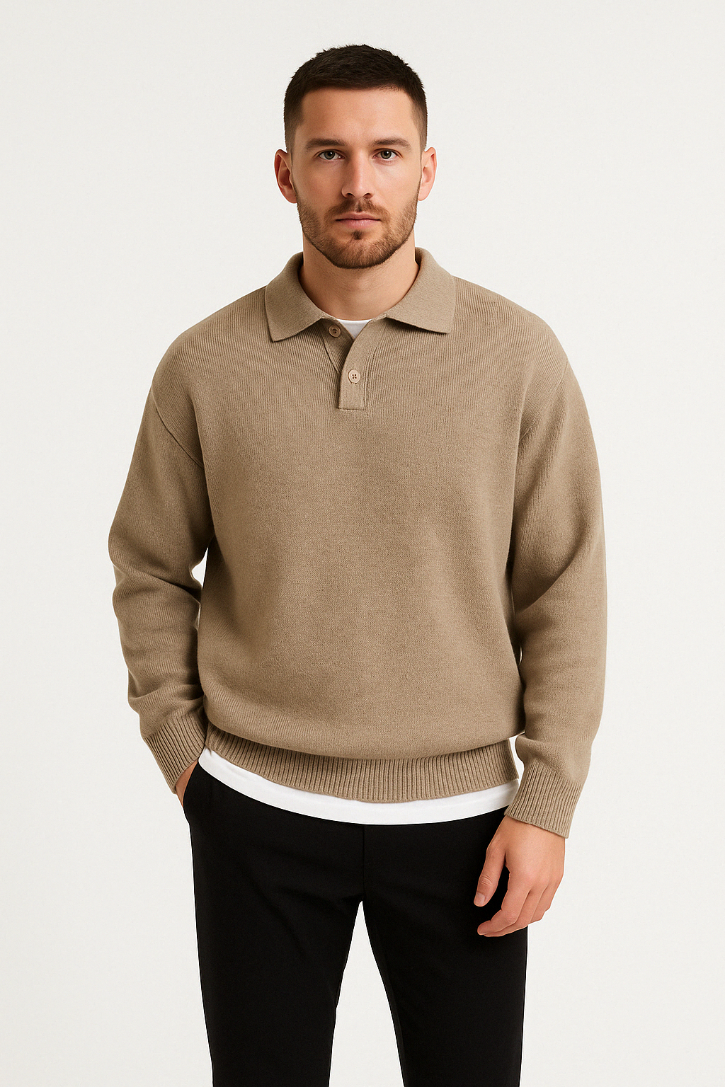 Heren polosweater – Wol – Relaxte pasvorm– Knoopsluiting – Geribde boorden