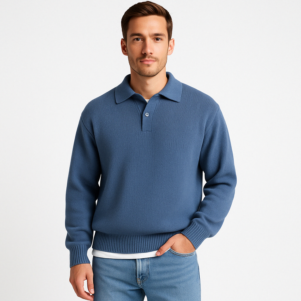 Heren polosweater – Wol – Relaxte pasvorm– Knoopsluiting – Geribde boorden