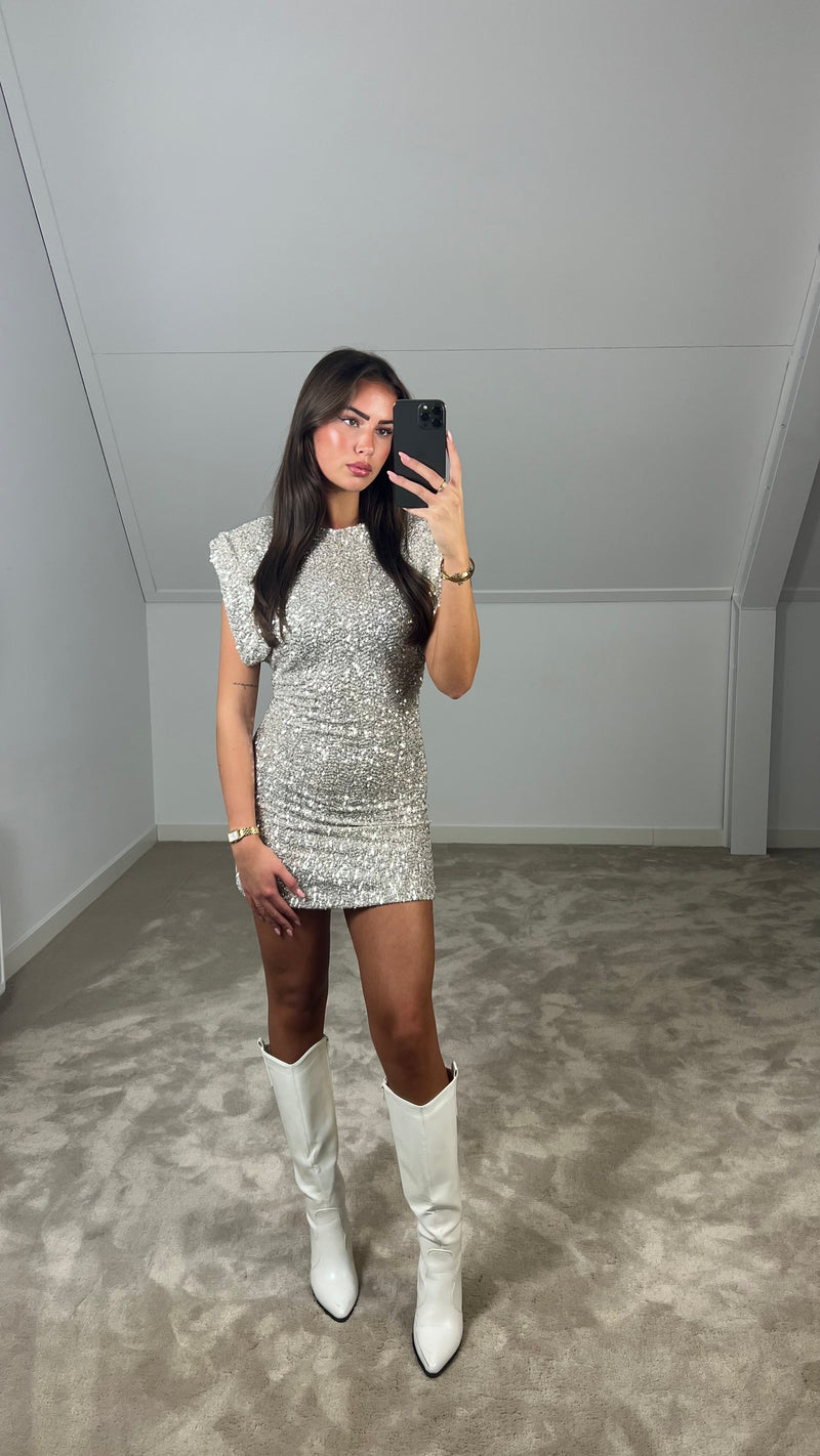 Celeste Pailletten Mini Jurk met Gewatteerde Schouders